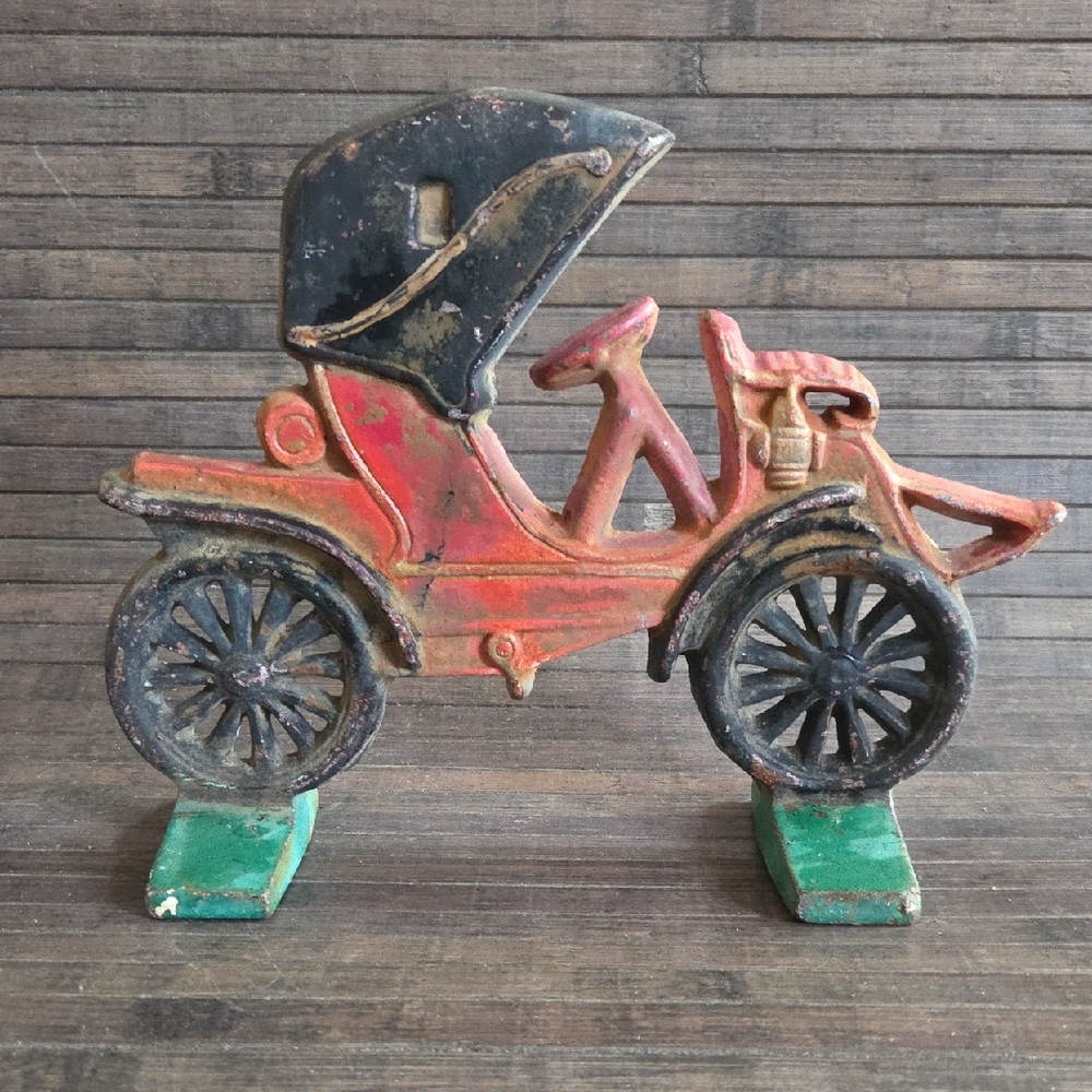 Vintage Cast Iron Car Doorstop - Red with Black & Green Accents